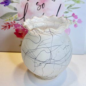 Vintage MCM Hazel Atlas White frosted Vase w/Black String Drizzle & Ruffled Rim